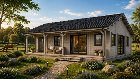 Chalet N°150626   – 100 m² avec terrasse couverte de 30 m²/65m² habitable – 2 chambres / En 44/100/44 🏡