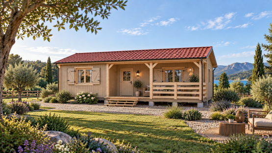Chalet N°150926   – 56m² avec terrasse couverte de 9m²/44m² habitable – 2 chambres / En 44mm + Bardage 🏡