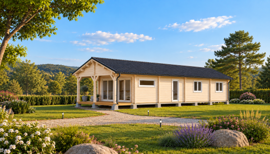 Chalet bois N°190826 – 117 m² avec sa terrasse couverte – 3 chambres / En 44/100/44