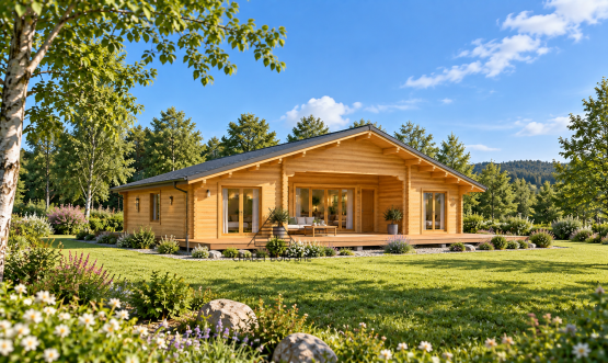 Chalet bois N°161025 – 96 m² avec sa terrasse couverte – 3 chambres / En 44/100/44